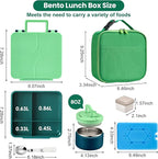 Bento Lunch Box with 8oz Soup Thermo,Kids Leakproof 4 Compartment Lunch Food Containers with Sauce Cup and Ice Pack,Kids Thermo Insulated Hot Food Jar and Lunch Bag for School,Trvael-Green