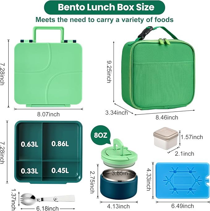 Bento Lunch Box with 8oz Soup Thermo,Kids Leakproof 4 Compartment Lunch Food Containers with Sauce Cup and Ice Pack,Kids Thermo Insulated Hot Food Jar and Lunch Bag for School,Trvael-Green