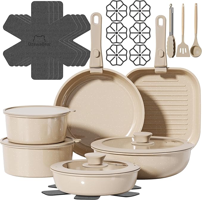 26 Pcs Pots and Pans Set Non Stick, Ceramic Cookware Set Non Toxic with Detachable Handles, Healthy Induction Cookware Oven Safe RV Kitchen Set, PFAS PFOA & PTFE Free, Taupe
