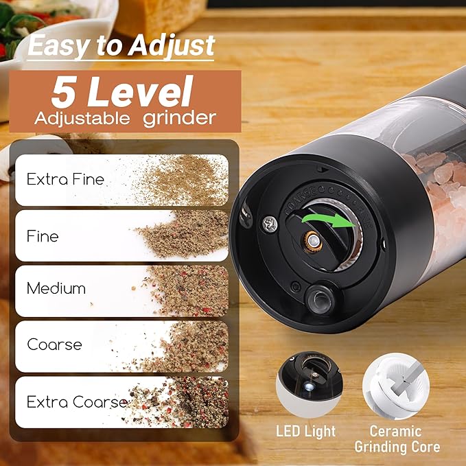 Electric Salt and Pepper Grinder Set – Automatic One-Handed Operation, Rechargeable ABS Mills, LED Light, 5-Level Adjustable Coarseness, Large 95ml Capacity and Charging Base