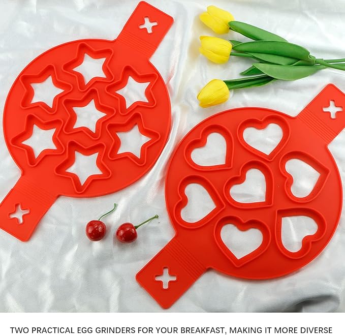 7-Cavity Pancake Maker Mold,Nonstick Silicone Egg Mold Ring with Handle for Star Heart Shape Pancake, Fried Egg, Burger - Reusable Breakfast Cooking Baking Tools for Kids（Red）