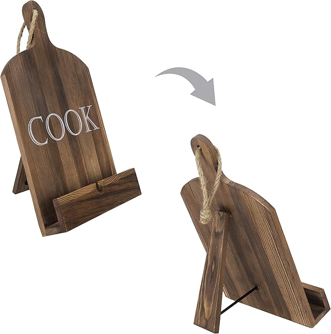 MyGift Cutting Board Brown Wood Cookbook Holder, Paddle Shaped iPad Tablet Easel Holder, Book Recipe Binder Stand with Kickstand and Cook Text Design