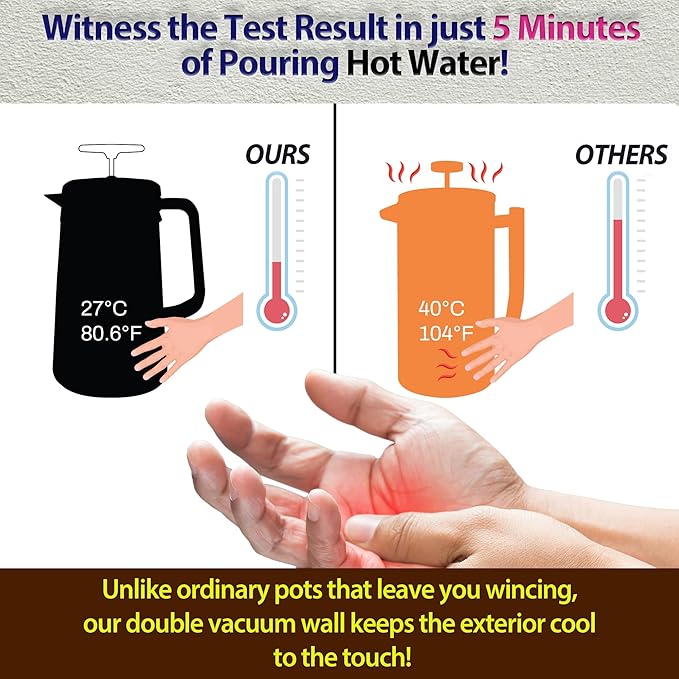 PortableAnd 34oz Double Vacuum Insulation Large Silicone French Press Coffee Maker, Metal Stainless Steel, Matte Black, Perfect for Camping, Travel, and At-Home Use (Light Gold)