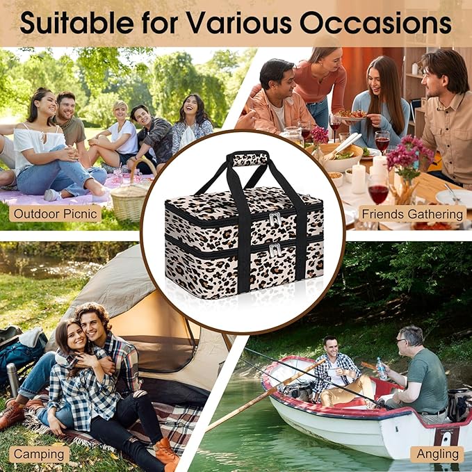 Double Insulated Casserole Carrier, Portable Casserole Carrier for Hot or Cold Food Lunch Tote Warmer or Cooler Bag, Lasagna Lunch Bag for Potluck Parties- Fits 9" x 13" Baking Dish-Leopard