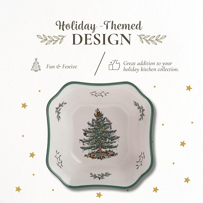 Spode Christmas Tree 9.5-Inch Square Salad Bowl - Ceramic Earthenware Serving Bowl for Salads, Soups, Pasta, and Side Dishes - Festive Holiday Dinnerware with Iconic Christmas Tree Design