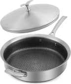 12 Inch Frying Pan with Lid, Tri-ply Stainless Steel Saute Pan, Non Stick Pans, Non Toxic Frying Pan, 5.2 QT Deep Skillet PTFE&PFOA Free, Induction, Oven & Dishwasher Safe