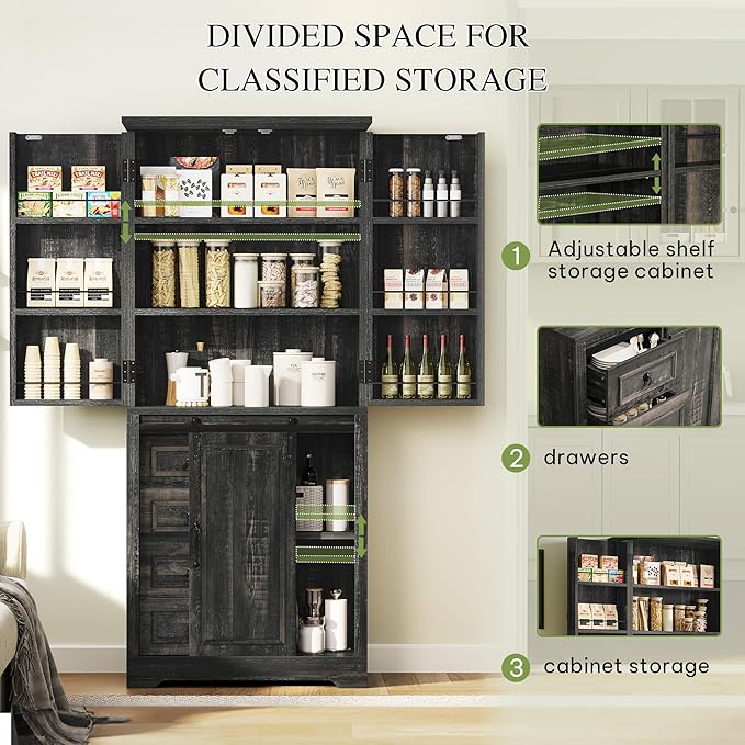 DWVO Kitchen Pantry Storage Cabinet with Barn Door, Tall Storage Cabinet with 4 Drawers and Adjustable Shelves, Versatile Storage for Living Room, Dining Room or Hallway, Drak Oak