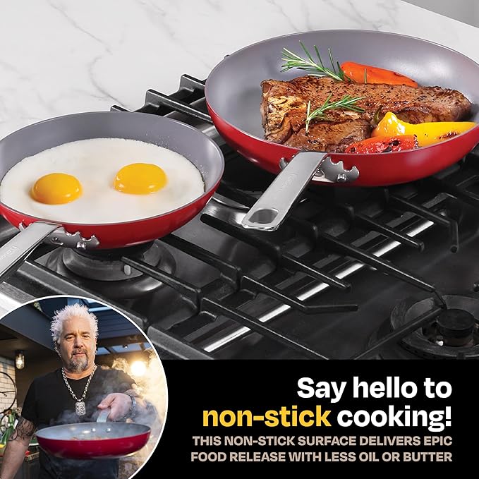 Guy Fieri's Flavortown 2-Piece Ceramic Cookware Set, Nonstick Frying Pan Set 10" and 12", Kitchen Cookware, Made without PFAS PTFE PFOA, Oven and Dishwasher Safe, Easy to Clean Everyday Cookware, Red