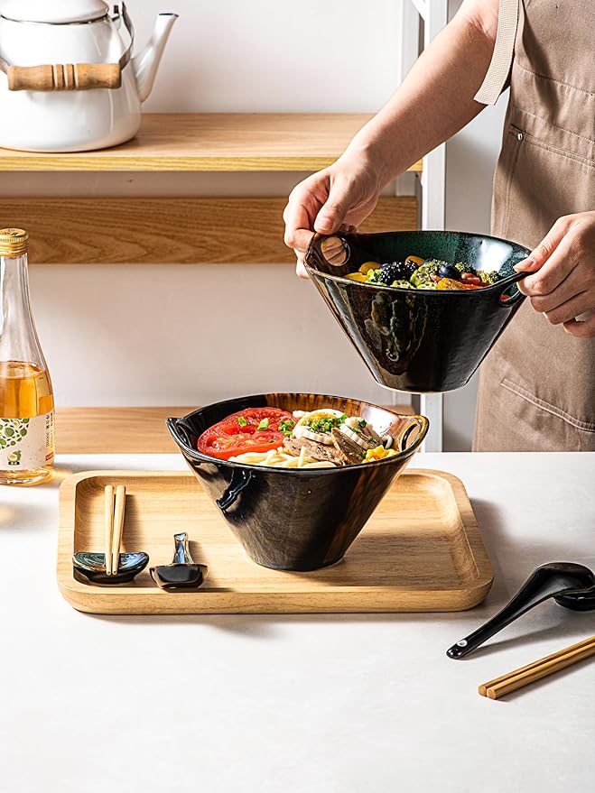 HENXFEN LEAD Japanese Ramen Noodle Bowl Set of 2-30 Oz Large Porcelain Salad Bowls with Chopsticks, Soup Spoons and Rests, Kitchen Serving Dishes for Pho, Udon