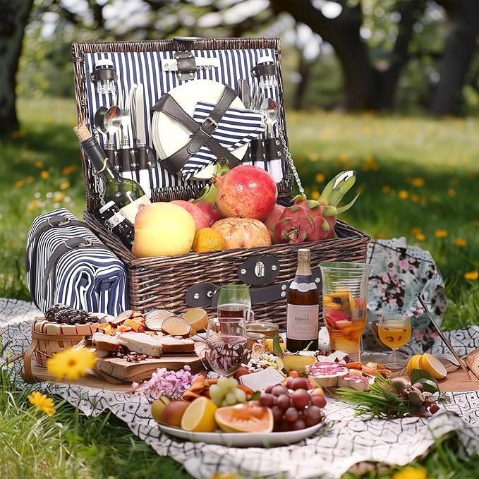 Picnic Basket Set for 4 with Waterproof Blanket Mat Insulation Bag Wicker Navy Blue Brown Stripe Vintage Retro Classic Gift for Wedding Birthday Summer Camp Outdoor Camping Travel Christmas