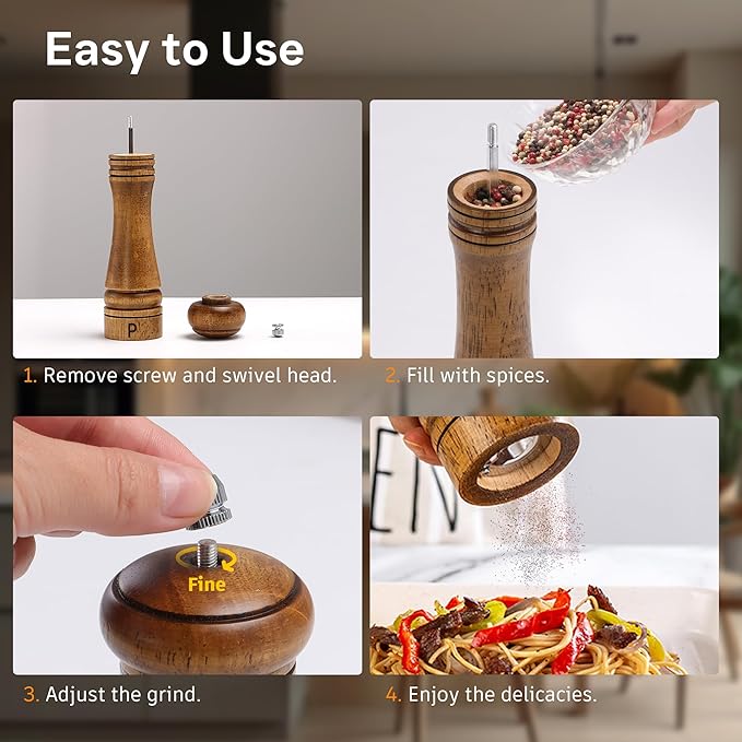 Wooden Salt and Pepper Grinder Set, Premium Oak Wood Salt Grinders Shakers, Pepper Mill with S and P Engraving, Adjustable Ceramic Grinder – 8 inches, 2 Pack