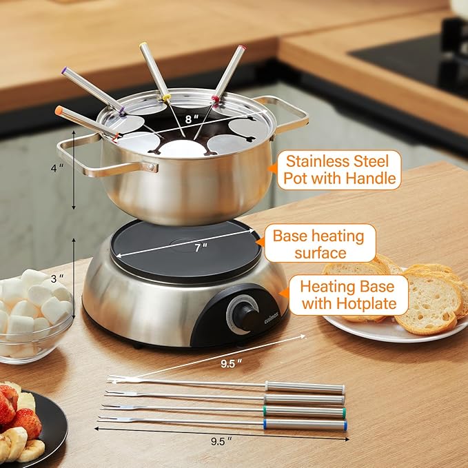 CUSIMAX 1500W Electric Fondue Pot Set, Fondue Pot for Chocolate, Cheese, Broth, Oil, Luminated Control Dial, Fondue Set with 8 Colour Coded Stainless Steel Forks, 1.4-Quart - Stainless Steel