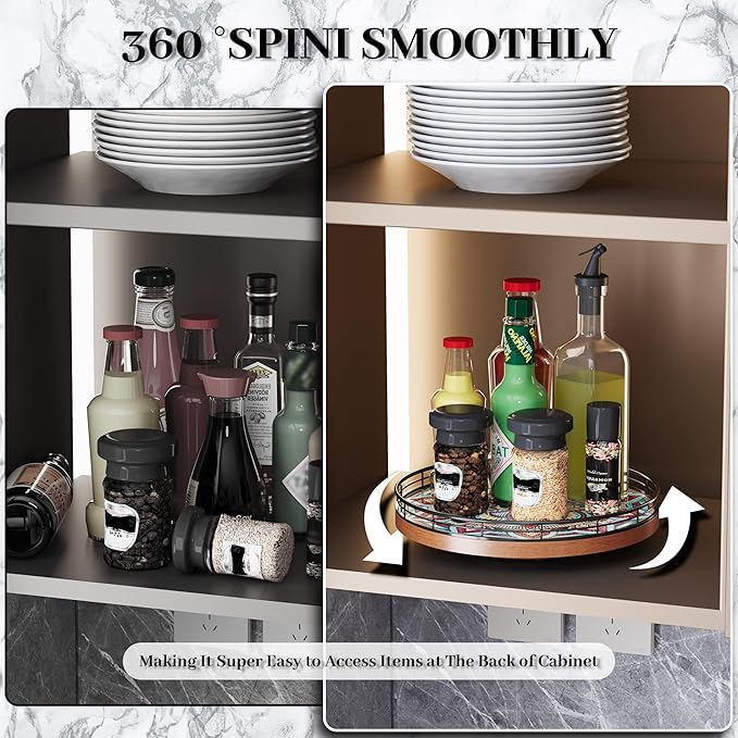 Oak Bohemia Lazy Susan 10.2" Turntable Organizer for Table Top with Ceramic 3D Boho Texture, Round Wooden Lazy Susan for Dining Table Decor, Kitchen, Countertop, Home Decor, Walnut Wood, Farmhouse