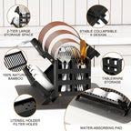 Greenual Black Bamboo Dish Drying Rack with Utensil Holder, 2 Tier Collapsible Dish Rack, Wooden Dish Racks for Kitchen Counter, Folding Drying Holder with Absorbent Dish Drying Mat