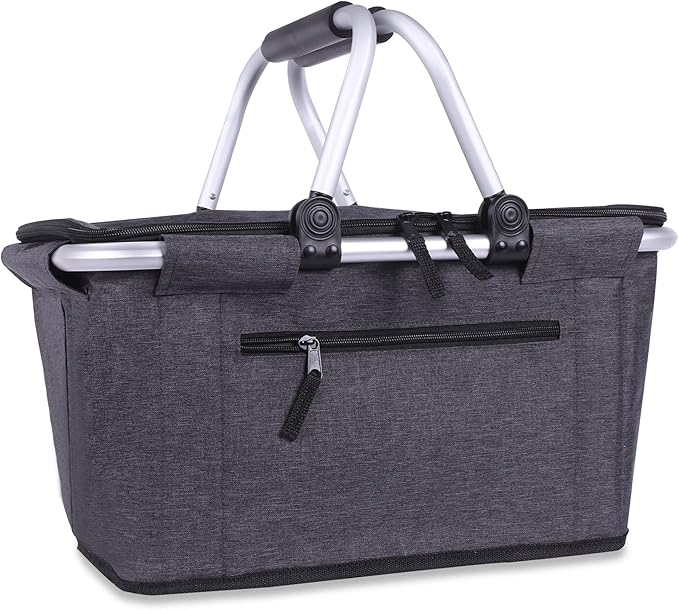 Picnic Basket, SIYUAN Collapsible Market Basket Insulted Cooler with Handles 27L Large Farmers Grocery Basket with Lid Portable Tote Bag, Black