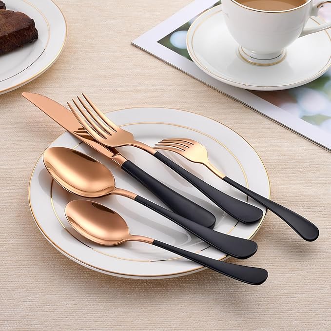 20-Piece Black and Rose Gold Silverware Set 18/0 Stainless Steel Silverware Set Black Handle Cutlery Set Service for 4 Dinner Knives Forks Spoons Set Flatware Set Finish Dishwasher Safe