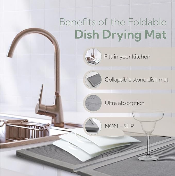 DON & CLAIRE Stone Dish Drying Mat for Kitchen Counter - Quick Drying, Super Absorbent, Non-Slip Mat for Dishes, Glassware, Fast Dry Stone Mat for Kitchen Sink, Easy to Clean | (21.5" x 16.3", Grey)