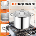 E-far 16 Quart Stainless Steel Stock Pot, Large Heavy Duty Induction Stockpot with Glass Lid for Cooking Soup Canning, Thick Tri-Ply Bottom & Riveted Handle, Compatible with All Stove, Dishwasher Safe