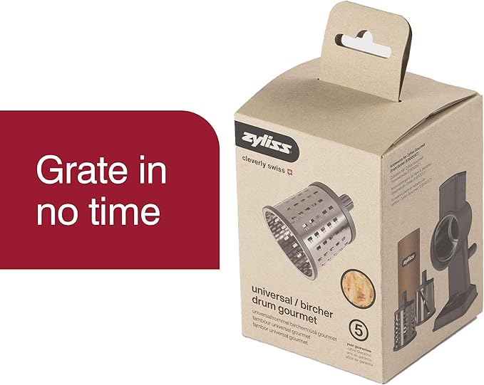 Zyliss E900059 Universal Drum Grater, Stainless Steel, Grating Apples, Cereals, Granola, for Use with Zyliss Rotary Cheese Grater, 5 Year Guarantee