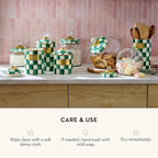MACKENZIE-CHILDS Large Enamel Canister, Kitchen Storage Container with Lid, Green-and-White Emerald Check
