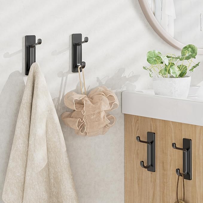 Self Adhesive Wall Hooks for Hanging: Extra Strong 13 LB, Hook for Coat, Towel in Bathrooms, Shower, Kitchen, Wall, Door Hook, Black 4 Pack