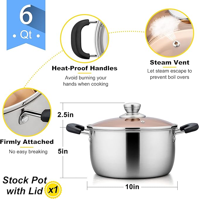 E-far 6 Quart Stock Pot, Stainless Steel Metal Soup Pot with Glass Lid for Cooking, Healthy & Rust Free, Heavy Duty & Dishwasher Safe