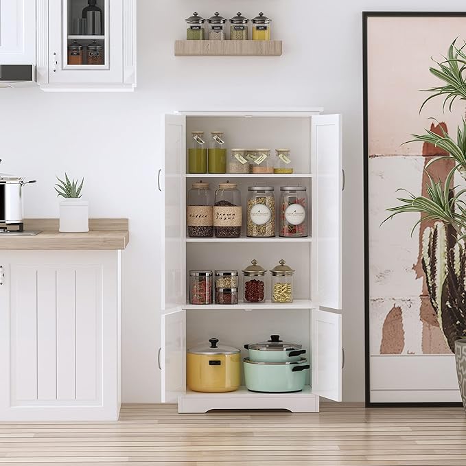 HOMCOM 48.5" Kitchen Pantry Cabinet with 2 Adjustable Shelves and 4 Beadboard Doors, Compact Farmhouse Kitchen Storage Cabinet for Dining Room, White
