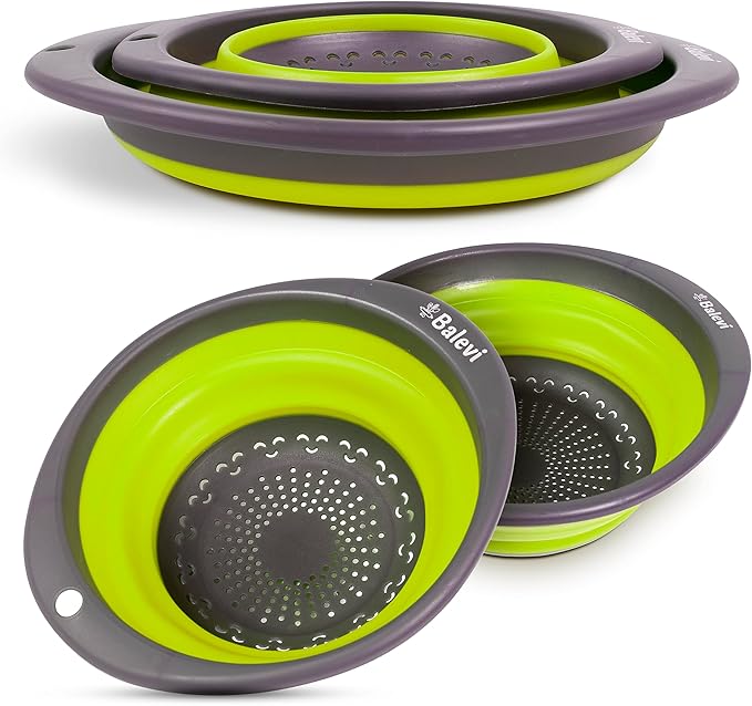 "Balevi Collapsible Strainers for Kitchen - Collapsible Colander Set of 2 Made of Silicone - Collapsible Strainer with Little Pegs to Keep Food Elevated - Green"
