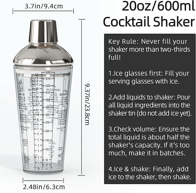 Glass Cocktail Shaker, with Recipes and Measurements 20oz, Built-in Strainer and Leakproof Seal, Clear Bar Tool for Margaritas, Martinis