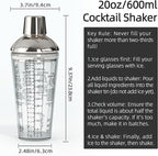 Glass Cocktail Shaker, with Recipes and Measurements 20oz, Built-in Strainer and Leakproof Seal, Clear Bar Tool for Margaritas, Martinis