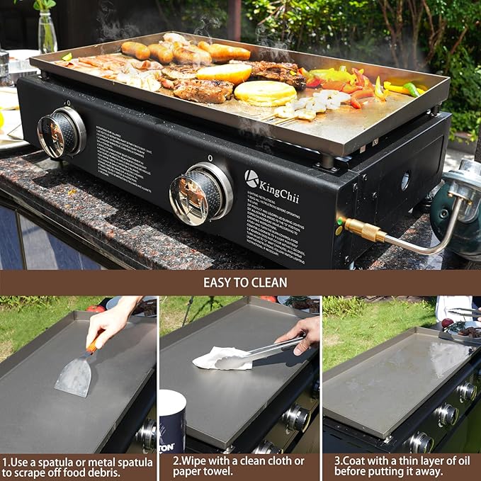 KingChii 19" Tabletop 2-Burner Griddle Portable Gas Grill with Rear Grease Trap, Powder Coated Steel, Black