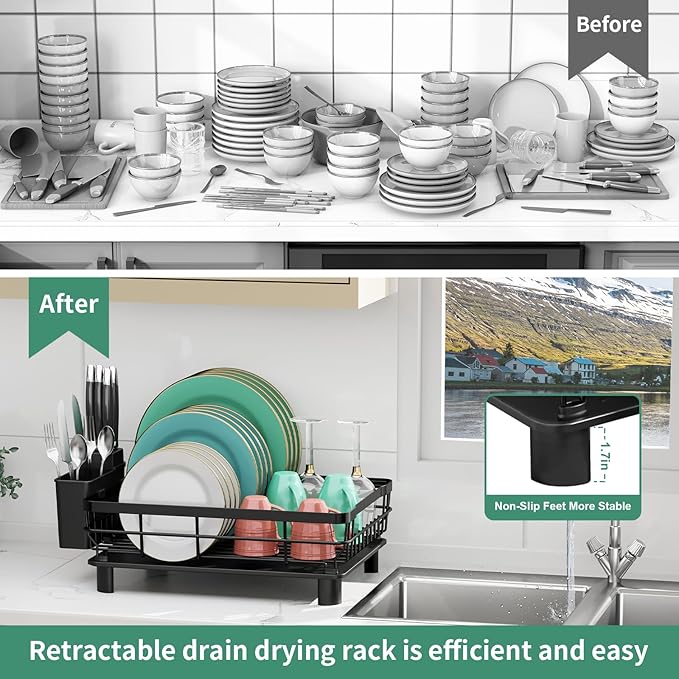 MOUKABAL Dish Drying Rack, Dish Rack, Stainless Steel Dish Racks for Kitchen Counter, Dish Drainer with Removable Utensil Holder, Drainboard (Black)