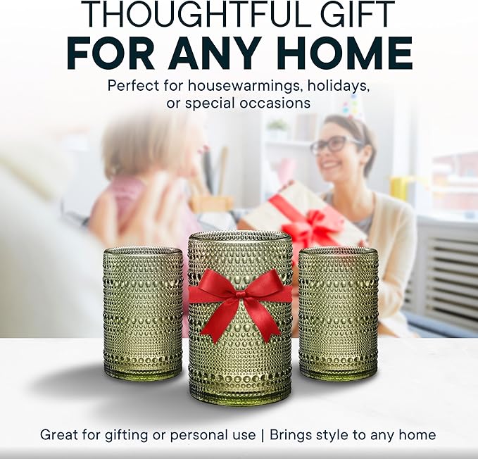 15 OZ Hobnail Drinking Glasses Set of 12 - Vintage Embossed Glassware, Textured Tumblers for Water, Beer, Cocktails & Whiskey – Includes Straws and Coasters – Green