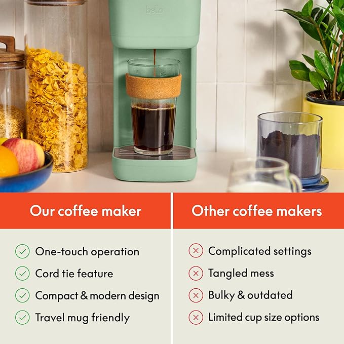 BELLA Single Serve Coffee Maker, K Cup & Coffee Ground Compatible with Removable, Adjustable Drip Tray, Auto Shutoff & Reusable Dishwasher Safe Accessories, Brews 6oz to 14oz, 1000 Watt, Seaglass