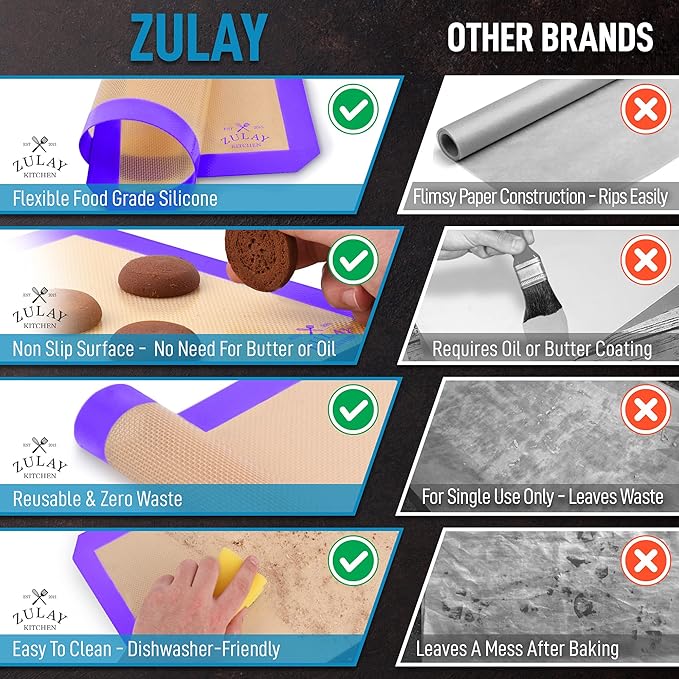 Zulay Kitchen (2 Pack) Silicone Baking Mat Sheet Set - Reusable Baking Mat Nonstick - Half Sheet Baking Mat For Oven - 16.5" x 11.6" (Purple)