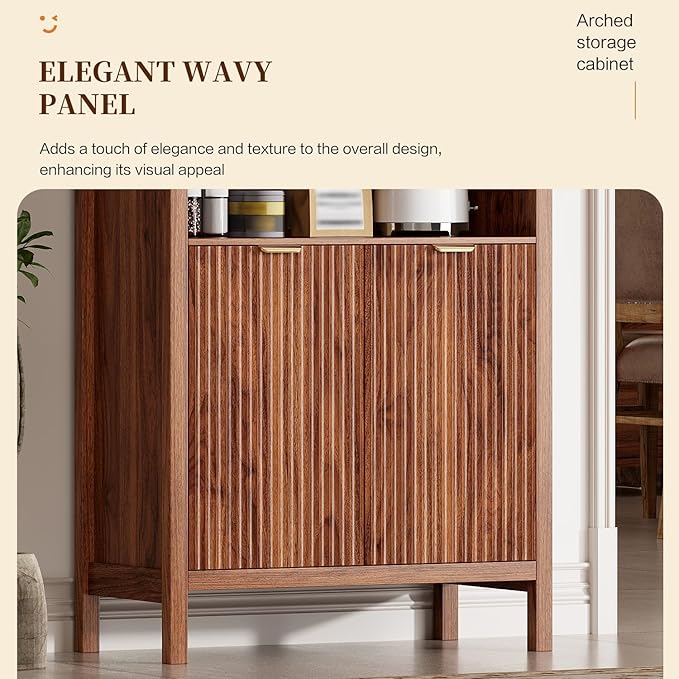 71" Tall Arched Kitchen Pantry,Modern Fluted Wood Storage Cabinet with Doors,Adjustable Shelves,Organizer, Versatile Cupboard for Kitchen,Living Room,Dining Room,Bathroom,Walnut