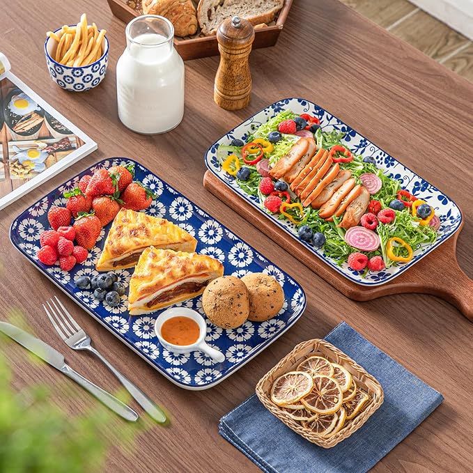 vancasso Serving Platters Set of 3, 16"/14"/12" Inch Rectangular Trays - Serving Platter Extra Large, Ceramic Serving Dish Microwave & Dishwasher Safe (Vintage Blue B)