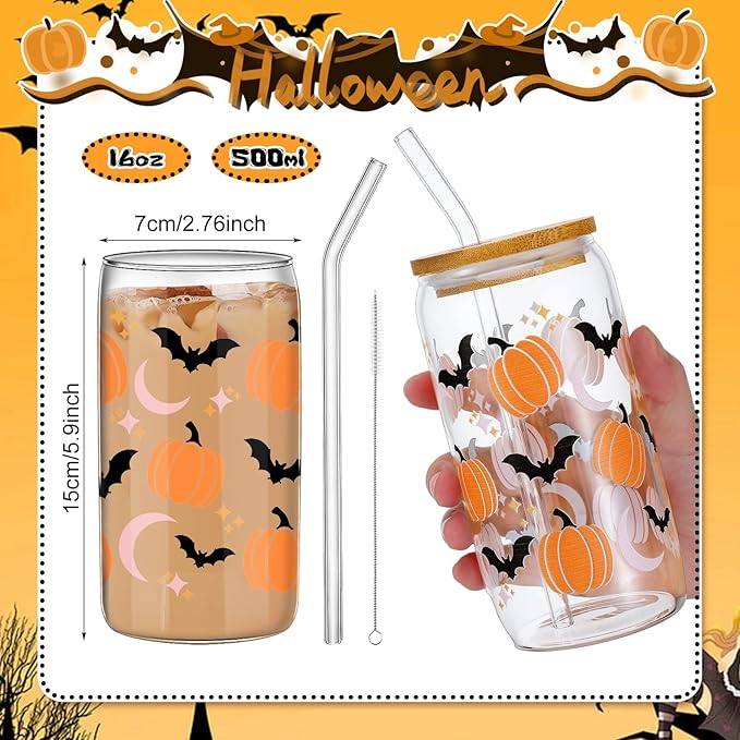 6 Pcs Halloween Drinking Glasses 16 oz Hearts Glass Cup with Bamboo Lid and Glass Straw Can Shaped Beer Glass Reusable Love Smoothie Cup for Women Teenager Valentine Party Birthday Gift