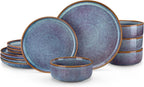 vancasso PLAYA Plates and Bowls Sets, 12 Pieces Grey-Blue Dinnerware Sets for Kitchen, Reactive Glaze Dishes Set for 4, Dishwasher and Microwave Safe