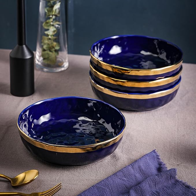 Stone Lain Florian 4-Piece Round Pasta Bowl Set, Blue with Gold Rim