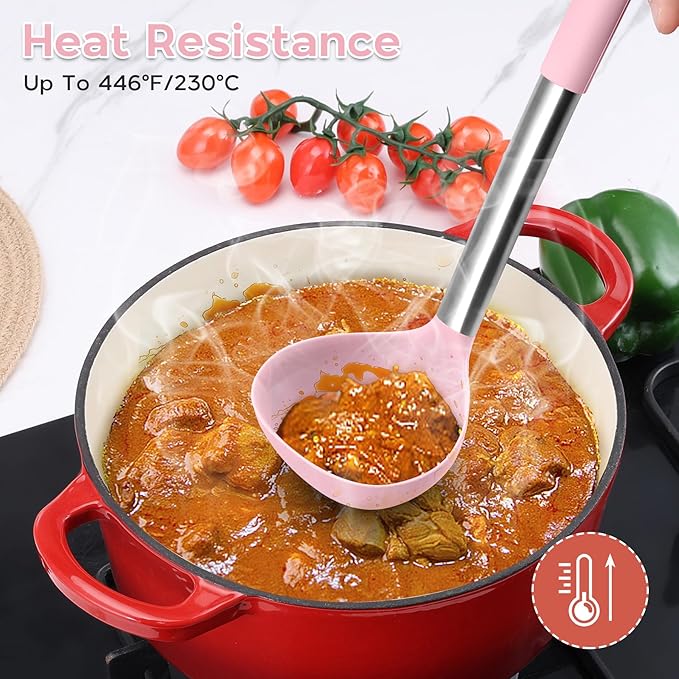 Silicone Utensils Set, Onader 15pcs Kitchen Cooking Utensils with Holder, Non-stick Cookware with Stainless Steel Handle, Kitchen Gadgets Tools Gift - Pink