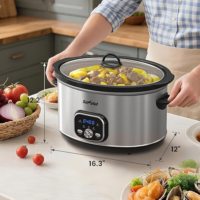 Sunvivi Slow Stew Pot - Electronic - Stainless Steel Color -8.5 QT: Multi-Cooker Food Warmer with Delay Function, Adjustable Tempature Control, Dishwasher Safe, Perfect for Families, Sliver
