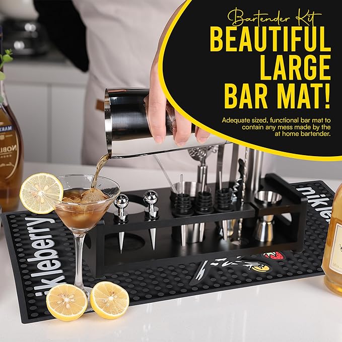 Premium 20 Piece Cocktail Shaker Set with Weighted Boston Shaker and Stand | Bartender Kit with Large Spill Catching Bar Mat - Recipe Book - Velvet Bag - Rustproof | Perfect for Mixology