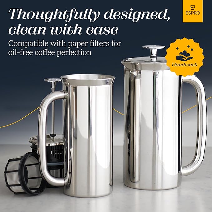 ESPRO P7 Polished French Press Stainless Steel 304 – Patented Double Walled Micro-Filter Insulated French Press Coffee Maker, Grit-Free Brew - Heat Resistant BPA Free (18oz)