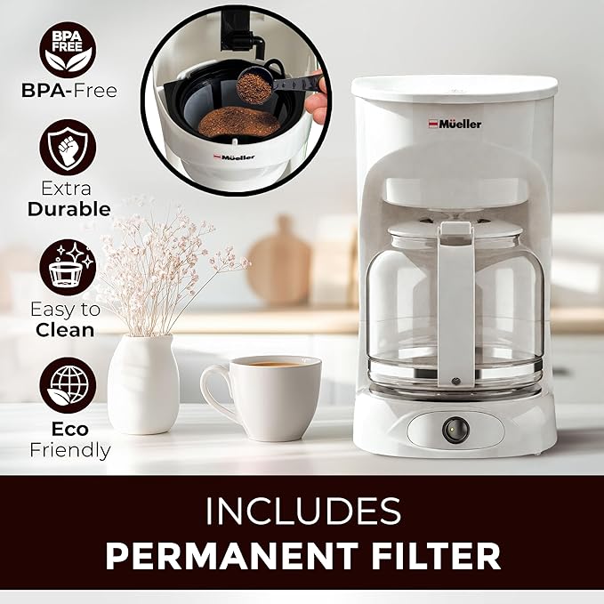 MUELLER HOME 12-Cup White Coffee Maker - Borosilicate Carafe, Auto-Off, Reusable Filter, Anti-Drip, Keep-Warm Function, Clear Water Level Window, White Kitchen Accessories