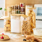 57oz - 3 Pack Square Glass Jars with Bamboo Lids, Glass Food Storage Containers with Airtight Lids for Kitchen, Air Tight Pantry Storage Containers for Cereal, Pasta, Rice, Sugar, Coffee, Spice