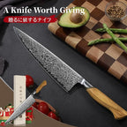 TIVOLI Japanese Gyuto Knife 10 Inch– VG-10 Damascus Chef Knife with Razor Sharp Blade and Ergonomic Olive Wood Handle, Ideal for Meat, Vegetables & Daily Cooking