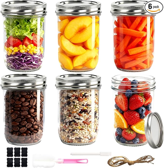 Wide Mouth Mason Jars 16 oz with Lids, Glass Jars with Airtight Lids and Band, Safe for Canning, Food Storage, Pickling, Overnight Oats Container, Pint Size (Pack of 6)