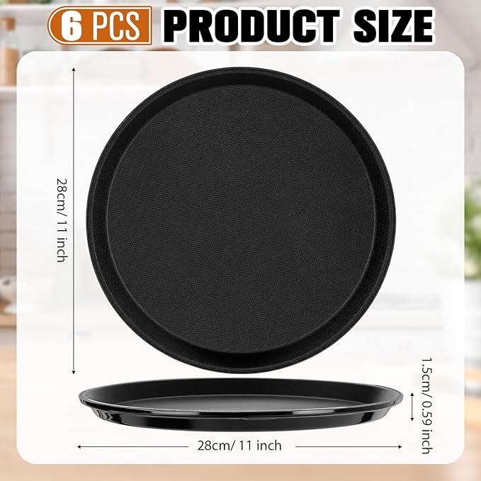Zopeal 6 Pieces Black Round Restaurant Serving Tray, Plastic Non Slip Surface Food Meals Server Tray with Raised Edges for Home, Kitchen, Restaurant, Cafeteria, Bar (11")