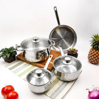 Tuxton Home Nevada 7 Piece Cookware set; Stainless Steel, PFTE & PFOA Free, Freezer to Oven Safe, Induction Compatible; 1QT & 2QT Saucepans, 5QT Dutch Oven, 10" Open Frypan